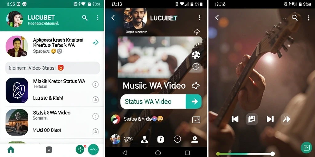 Antarmuka aplikasi LUCUBET menampilkan pilihan video dan musik untuk Status WA.